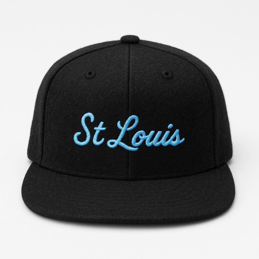 Black cap with 'St Louis' embroidered in blue on a white background