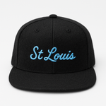 Black cap with 'St Louis' embroidered in blue on a white background