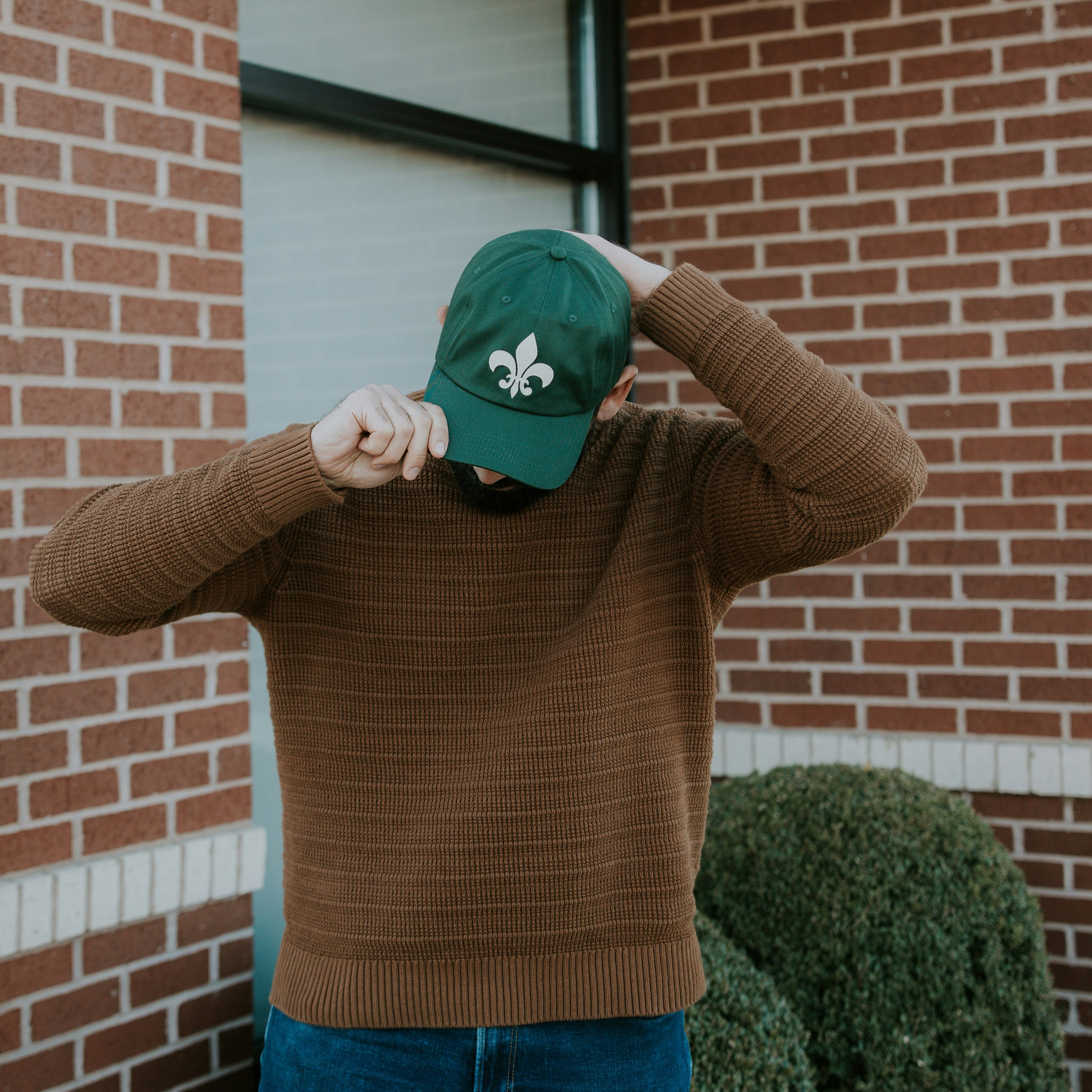 Organic cotton fleur-de-lis felt patch hat in camel, mid profile fit, by JON BLANCO
