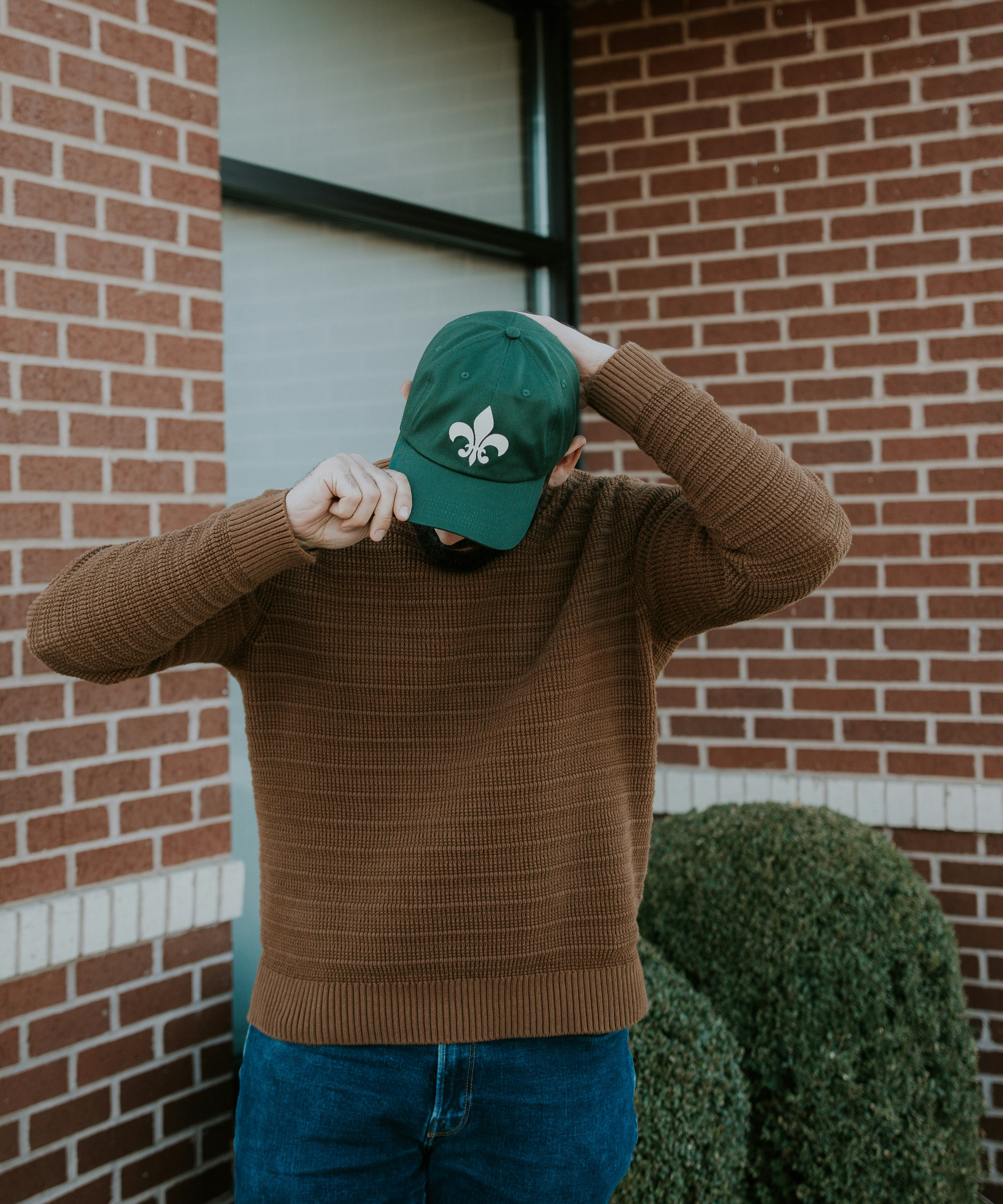Organic cotton fleur-de-lis felt patch hat in camel, mid profile fit, by JON BLANCO