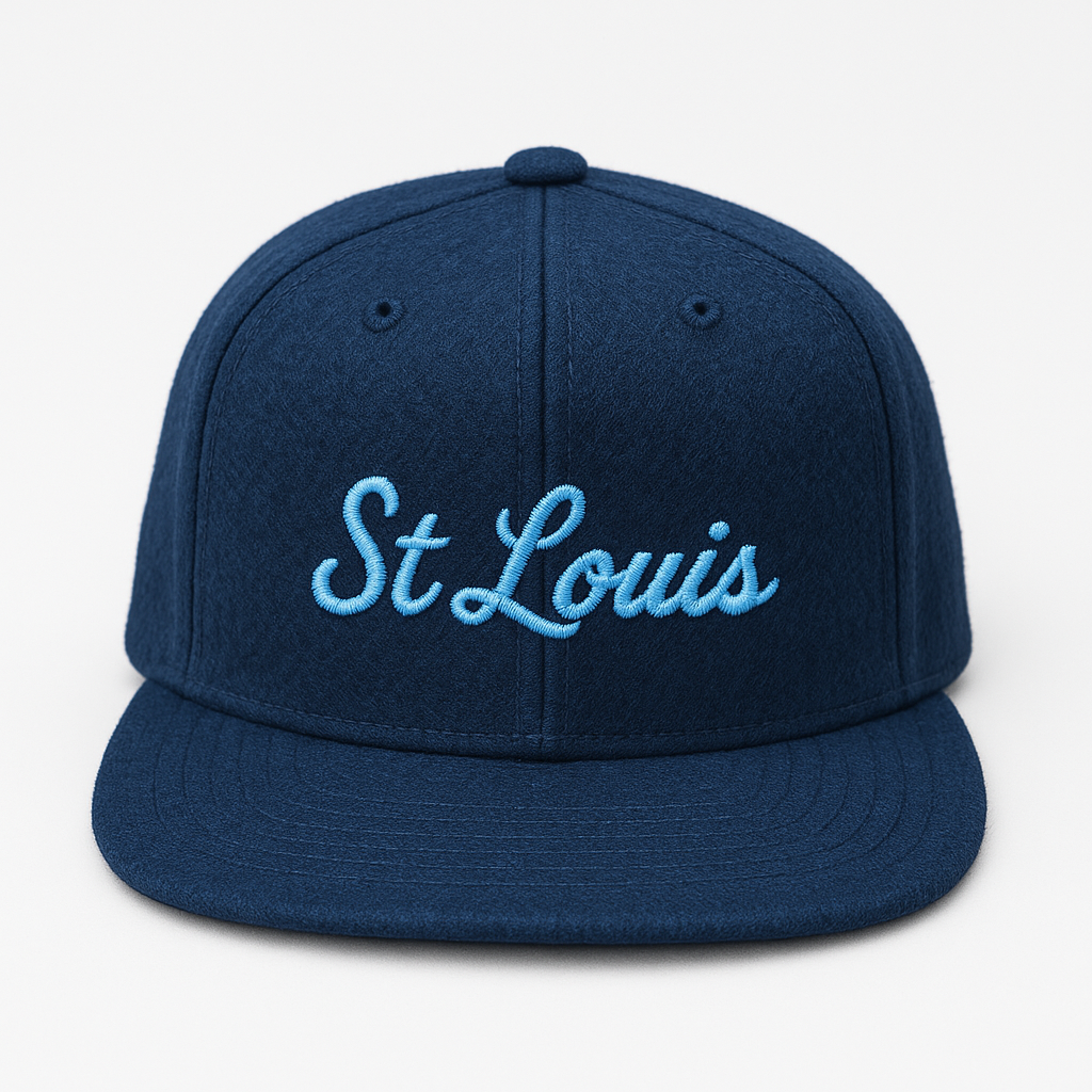 Navy blue cap with 'St Louis' embroidered in light blue on a white background