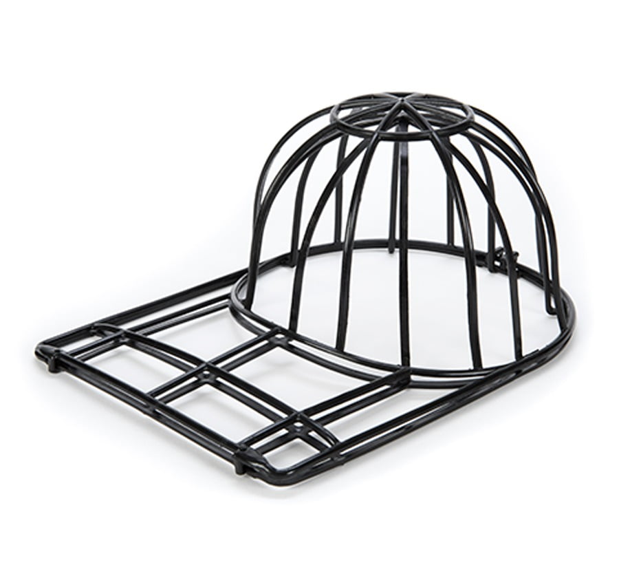 Black wire hat washing cage that holds a baseball cap's shape in the dishwasher